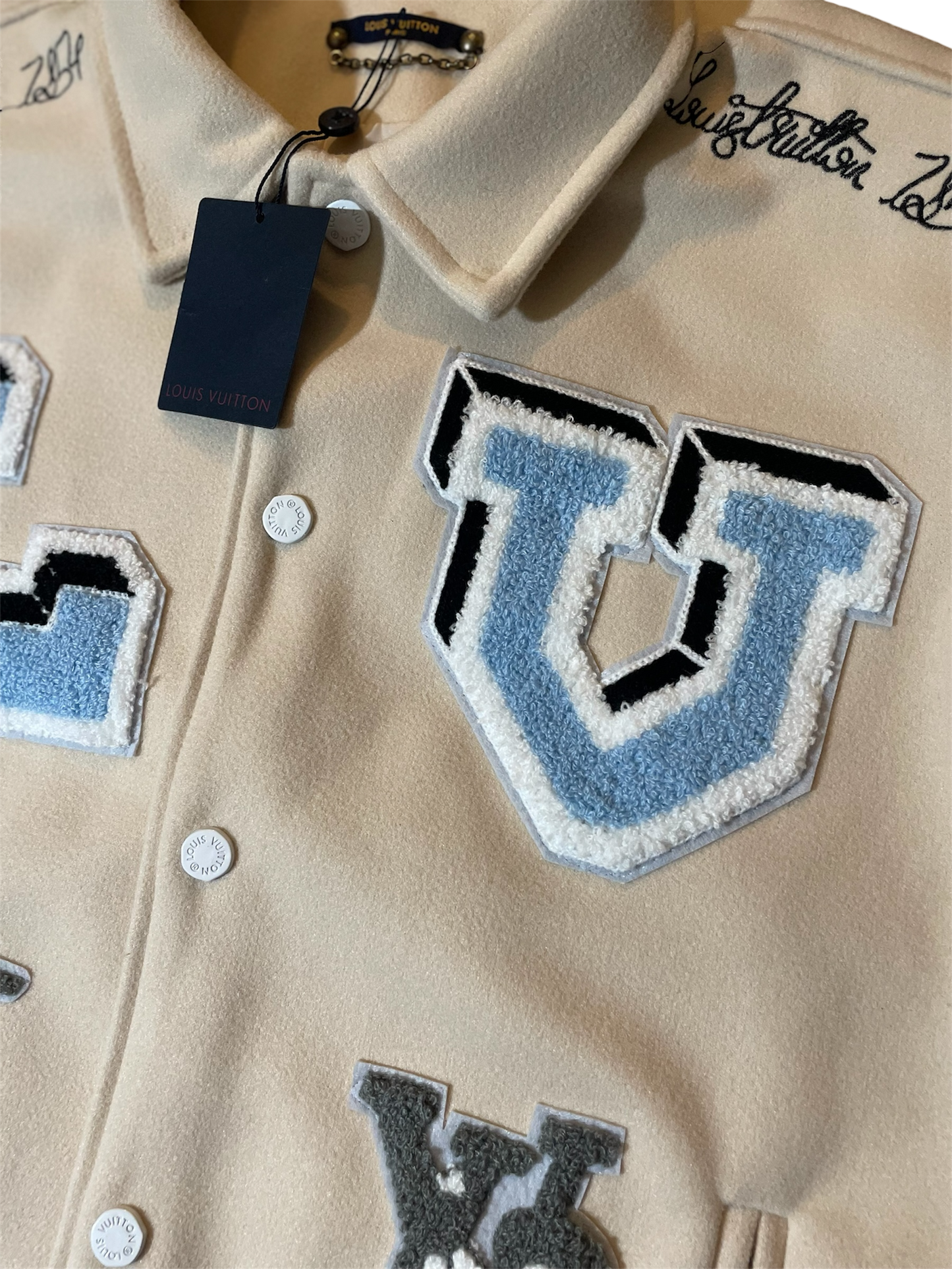 Louis Vuitton FW22 Cream Patched Bunny Varsity Jacket