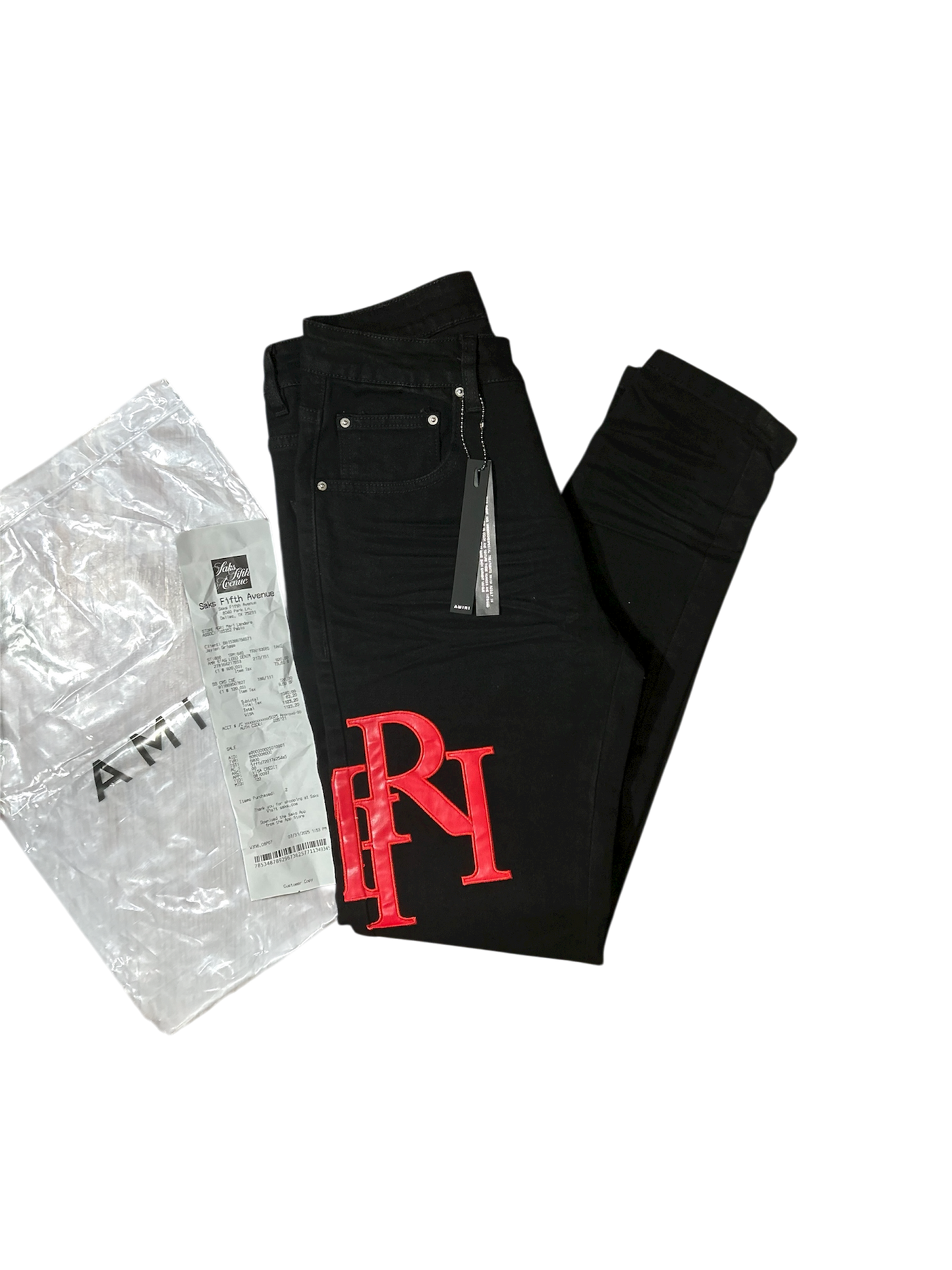 Amiri Red Staggered Logo Jeans