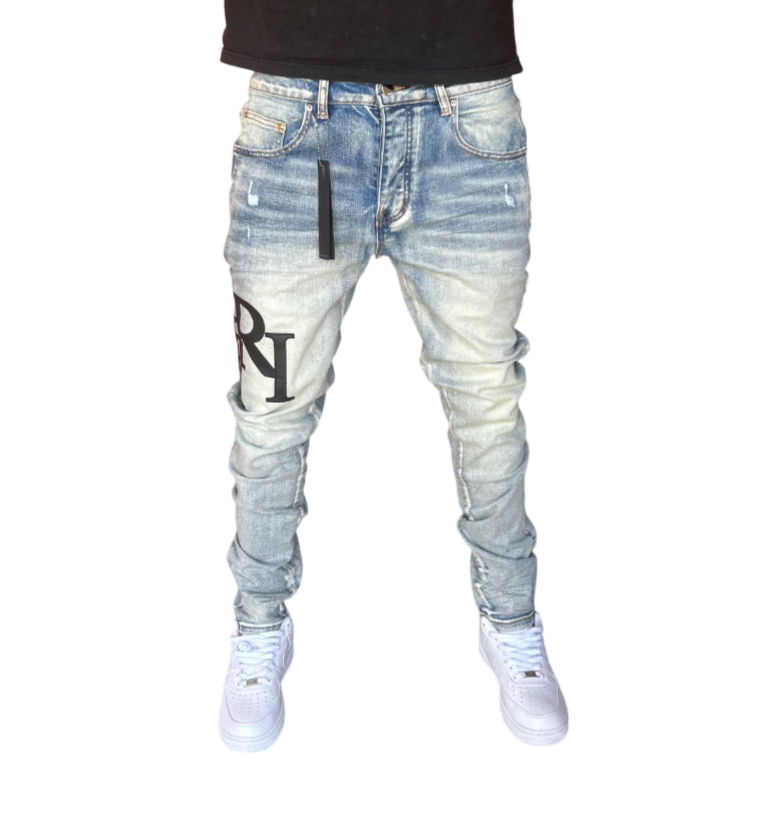 Amiri Black Staggered Logo Blue Jeans