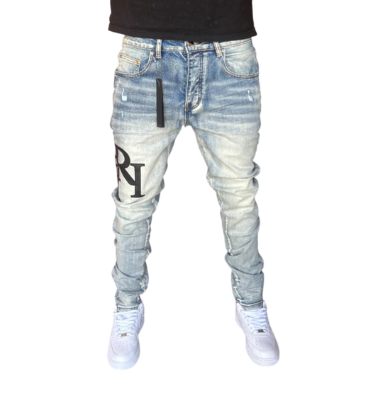 Amiri Black Staggered Logo Blue Jeans