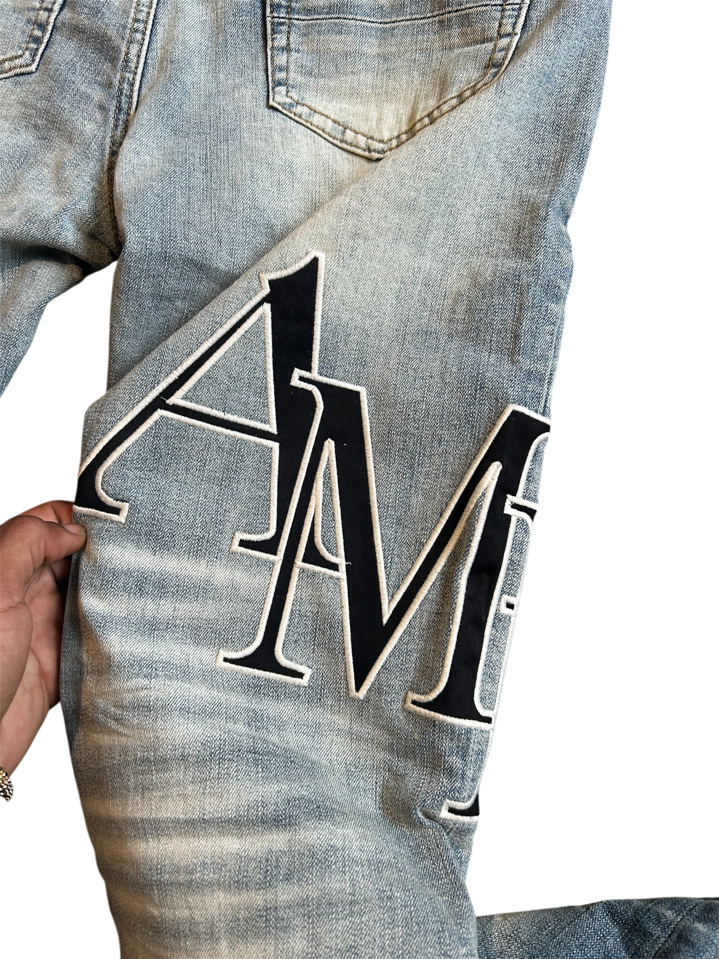 Amiri Black Staggered Logo Blue Jeans