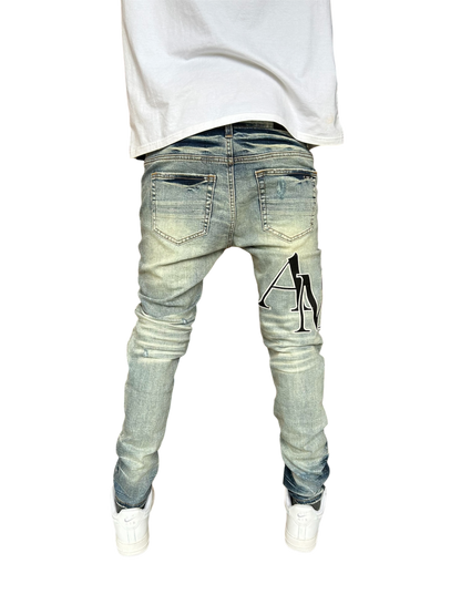 Amiri Black Staggered Logo Blue Jeans