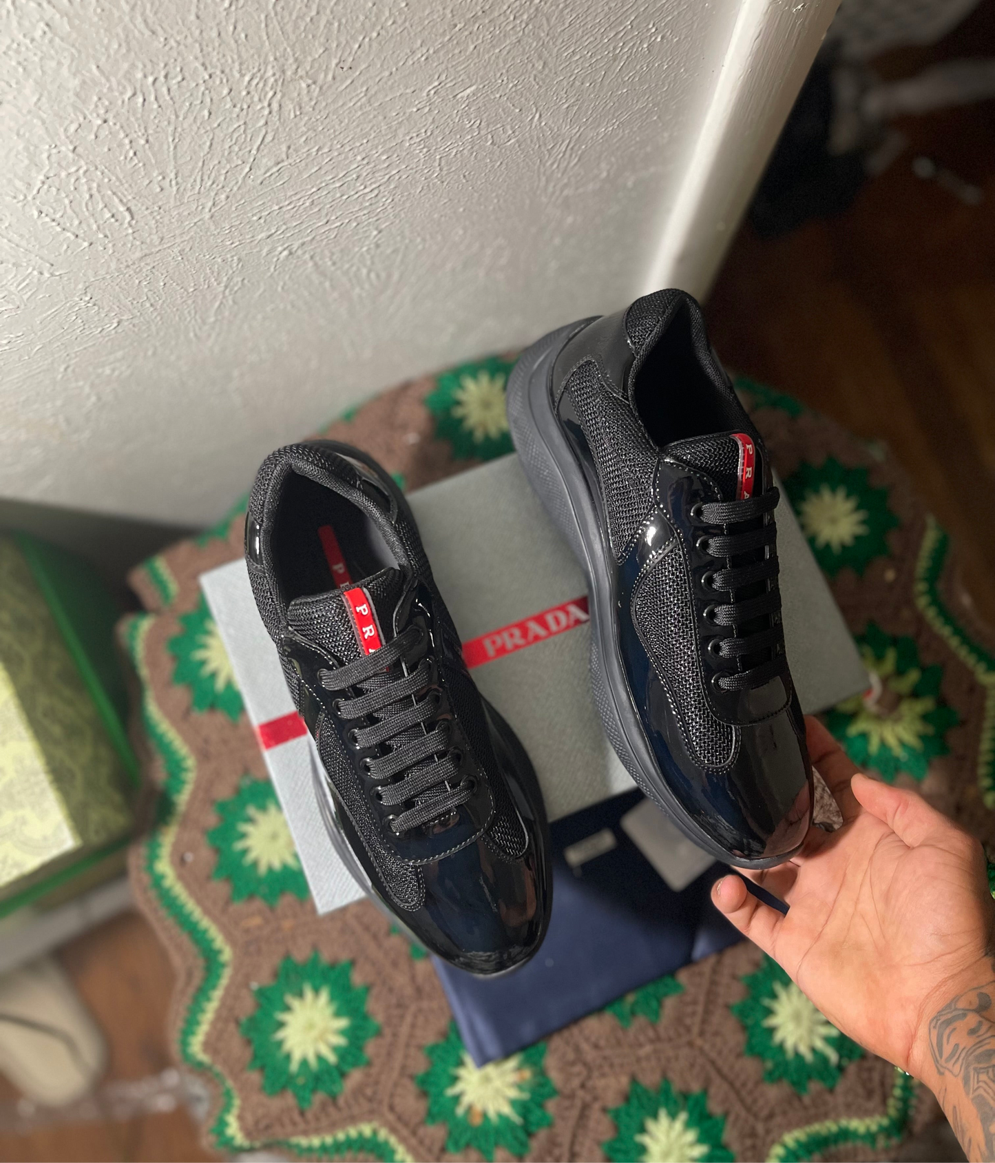 Prada Black Men's America's Cup Patent Leather Patchwork Sneakers