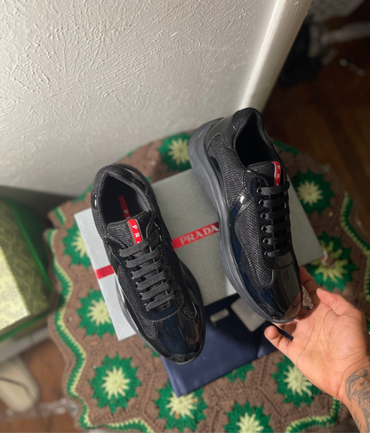 Prada Black Men's America's Cup Patent Leather Patchwork Sneakers