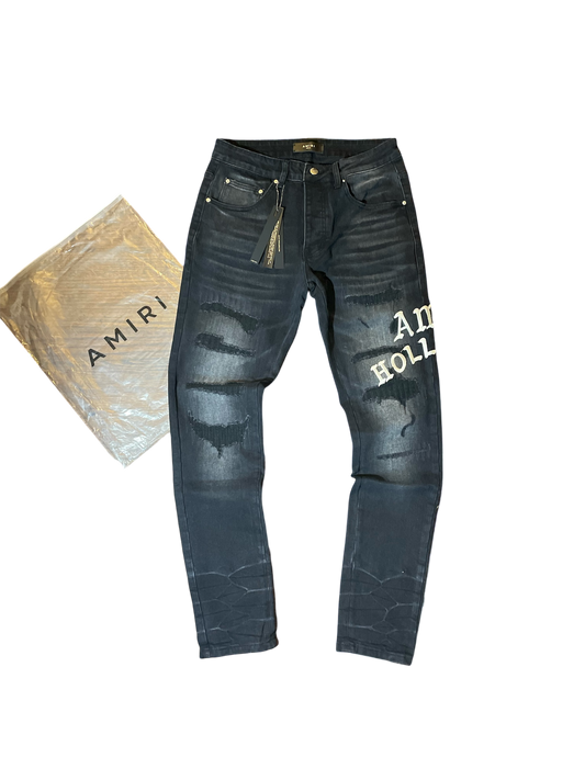 Amiri Hollywood Logo Black Denim Jeans