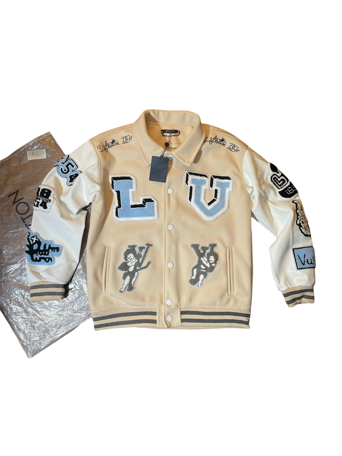Louis Vuitton FW22 Cream Patched Bunny Varsity Jacket