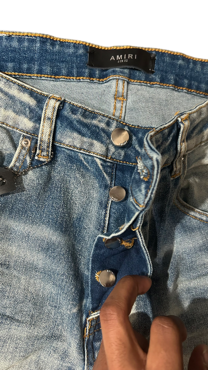 Amiri Black Staggered Logo Blue Jeans