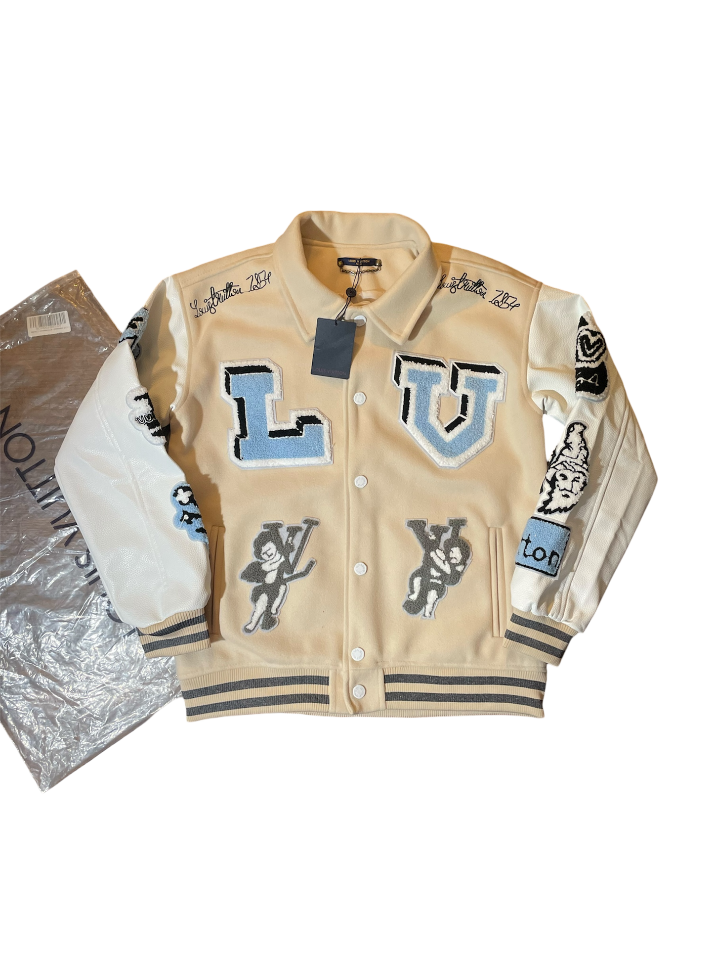 Louis Vuitton FW22 Cream Patched Bunny Varsity Jacket