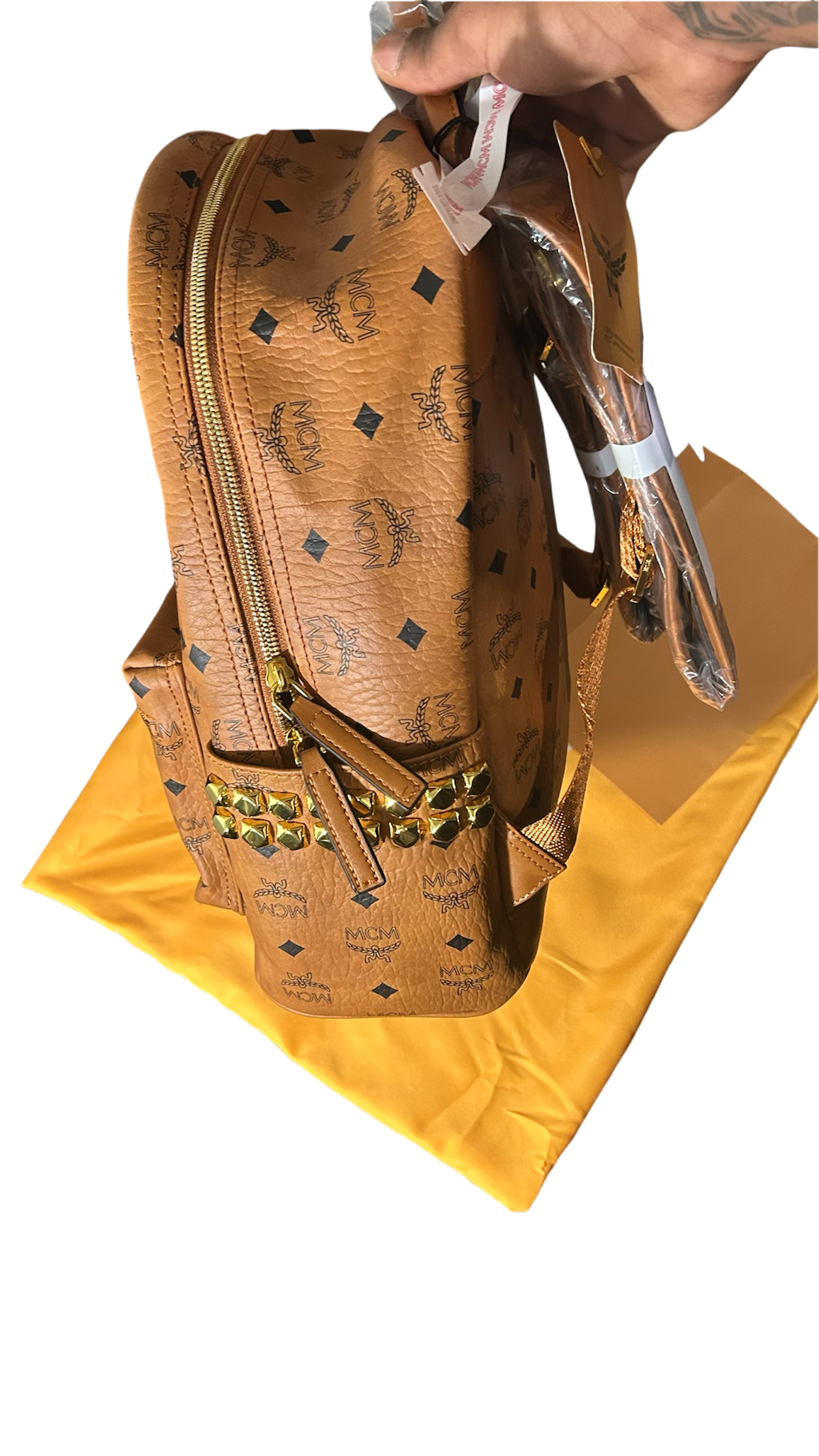 MCM Stark Side Studs Backpack In Visetos Cognac