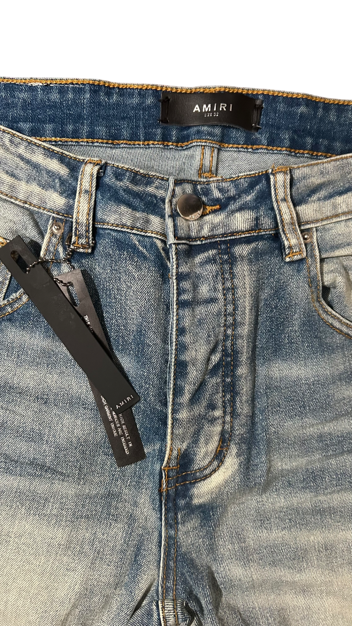 Amiri Black Staggered Logo Blue Jeans