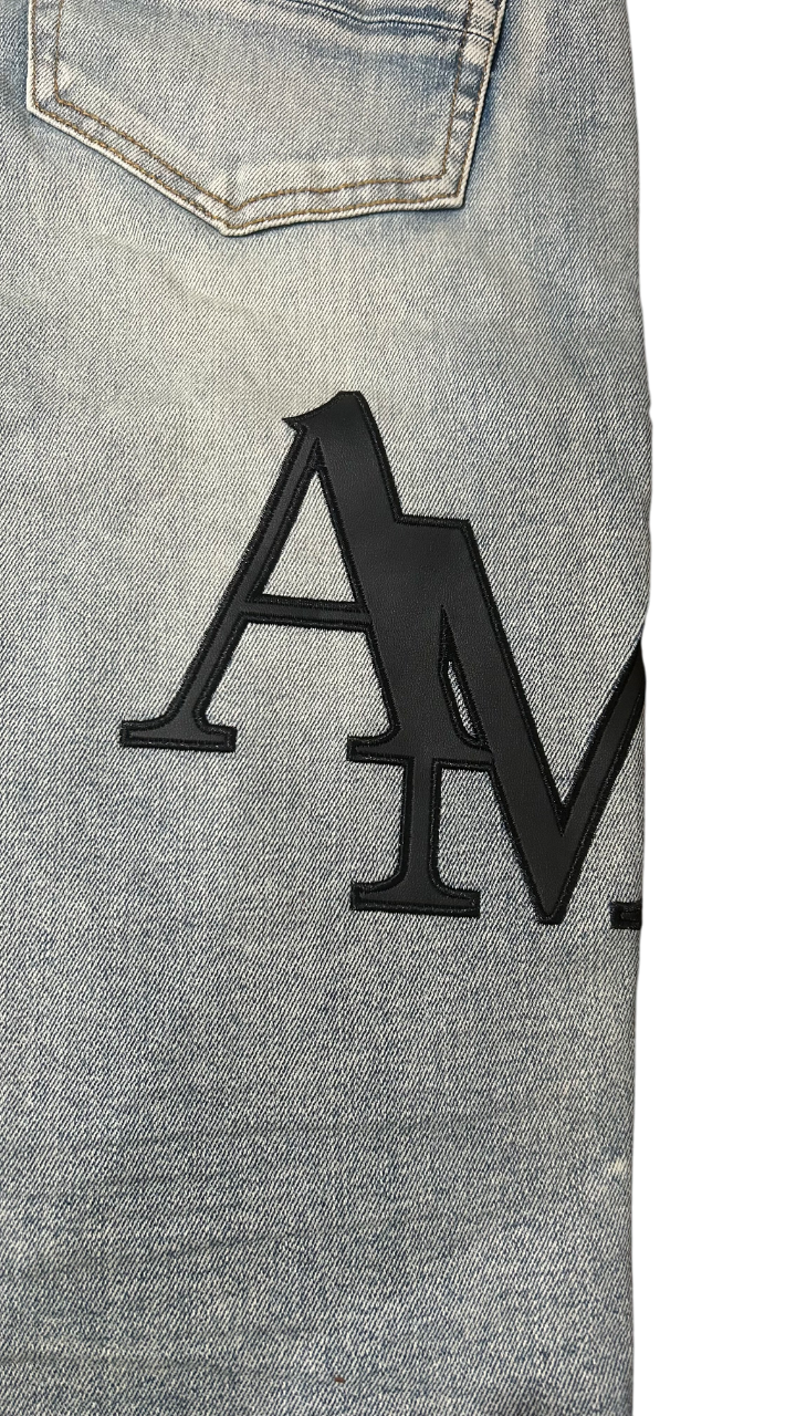 Amiri Black Staggered Logo Blue Jeans