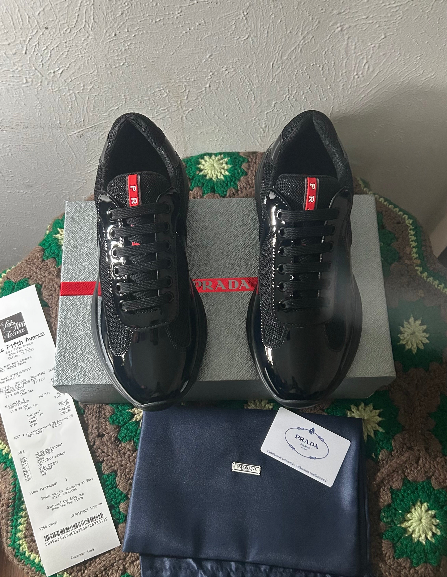Prada Black Men's America's Cup Patent Leather Patchwork Sneakers