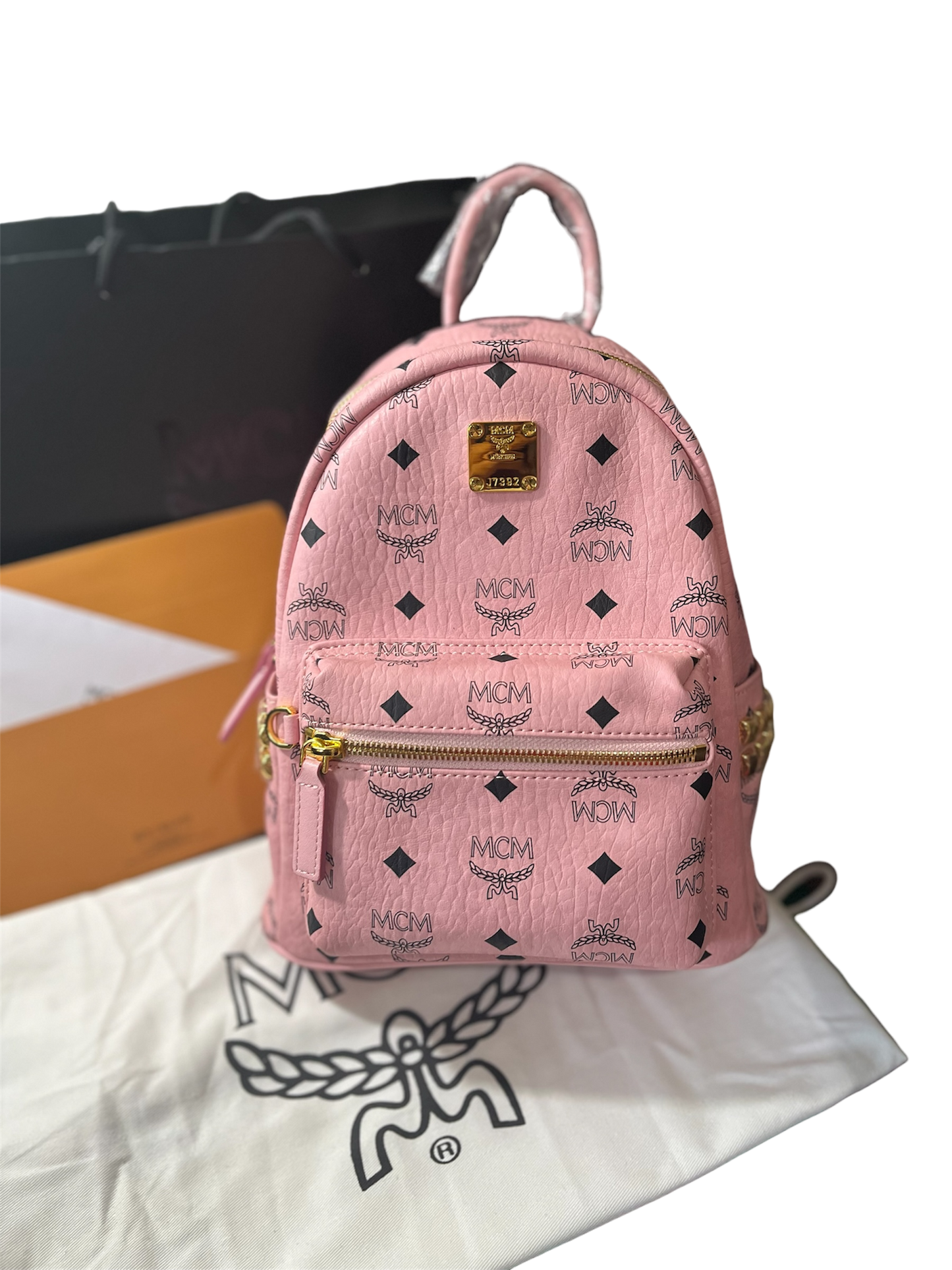 MCM Stark Side Studs Backpack In Visetos Pink