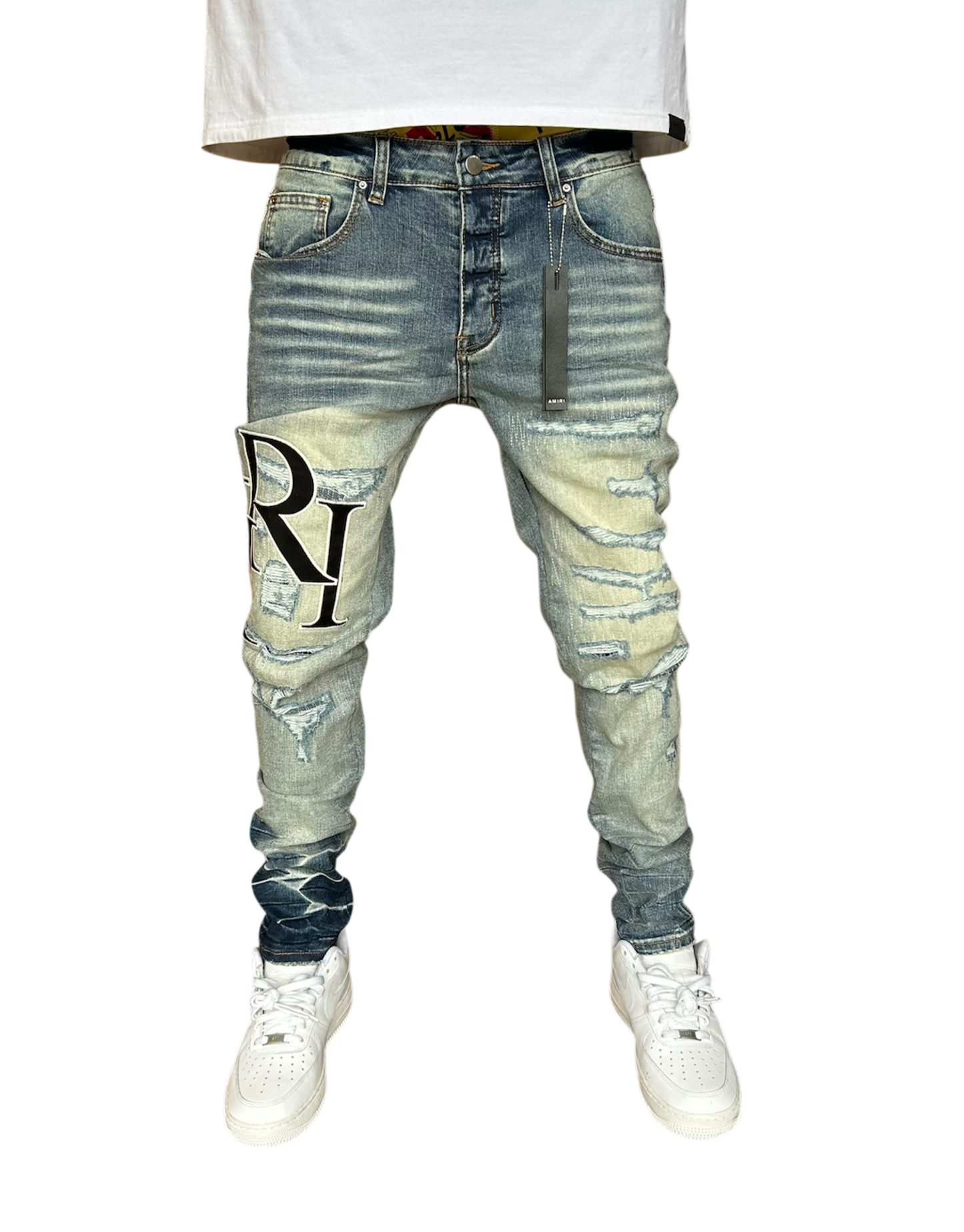 Amiri Black Staggered Logo Blue Jeans