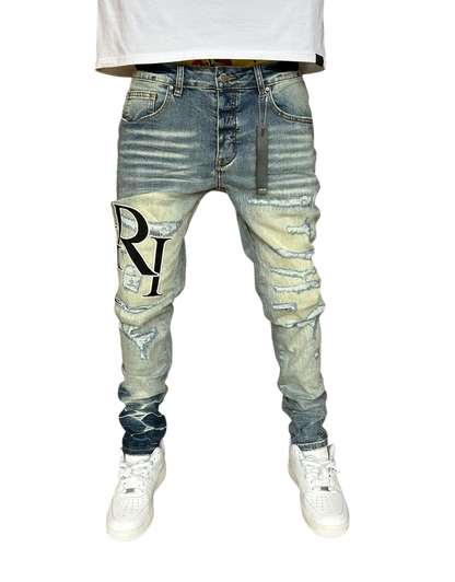 Amiri Black Staggered Logo Blue Jeans