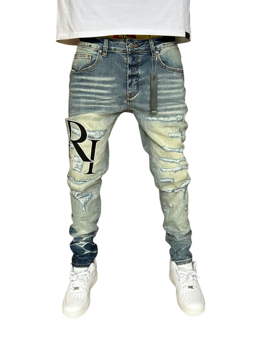 Amiri Black Staggered Logo Blue Jeans