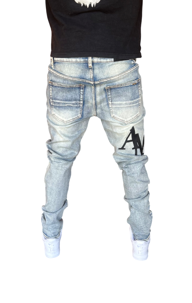 Amiri Black Staggered Logo Blue Jeans
