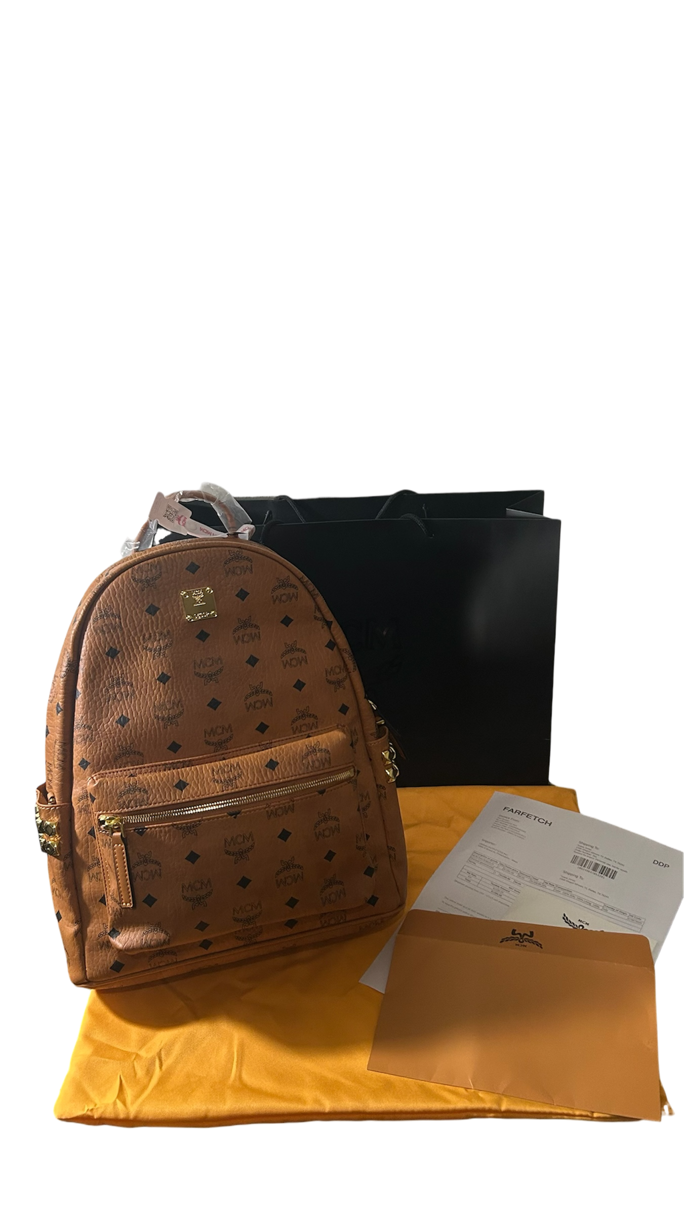 MCM Stark Side Studs Backpack In Visetos Cognac
