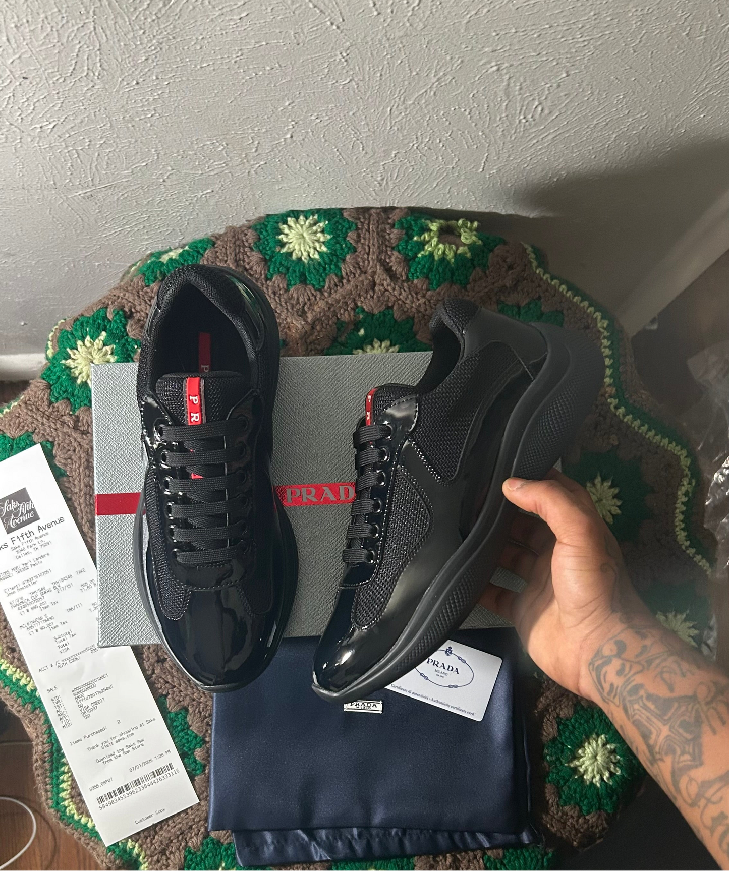 Prada Black Men's America's Cup Patent Leather Patchwork Sneakers